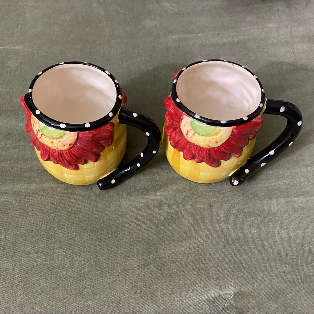 Pier 1 Imports mugs cup large checkered polka dot Sunflower lot of 3 UBM